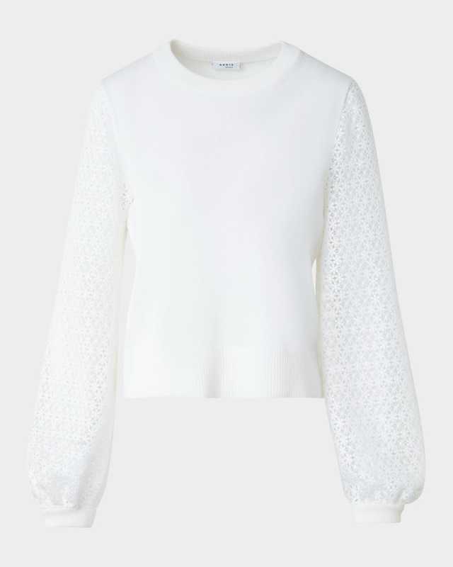 Mixed-Media Daisy Guipure Blouson-Sleeve Knit Sweater